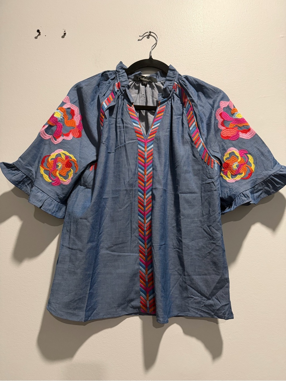 Calessa Embroidered Chambray Flutter-Sleeve Blouse in Indigo